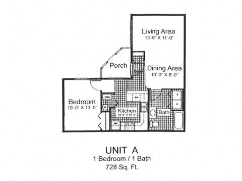 Floor plan for 1 bed, 1 bath, 728 sqft